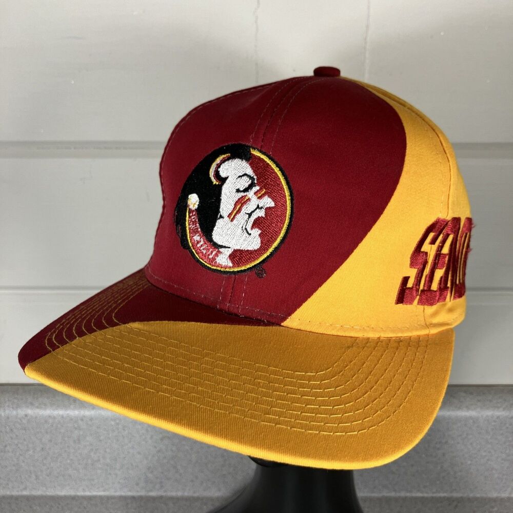 Vtg FSU Hat Florida State Seminoles Snapback Spellout Big Logo AOP Two Tone Wave